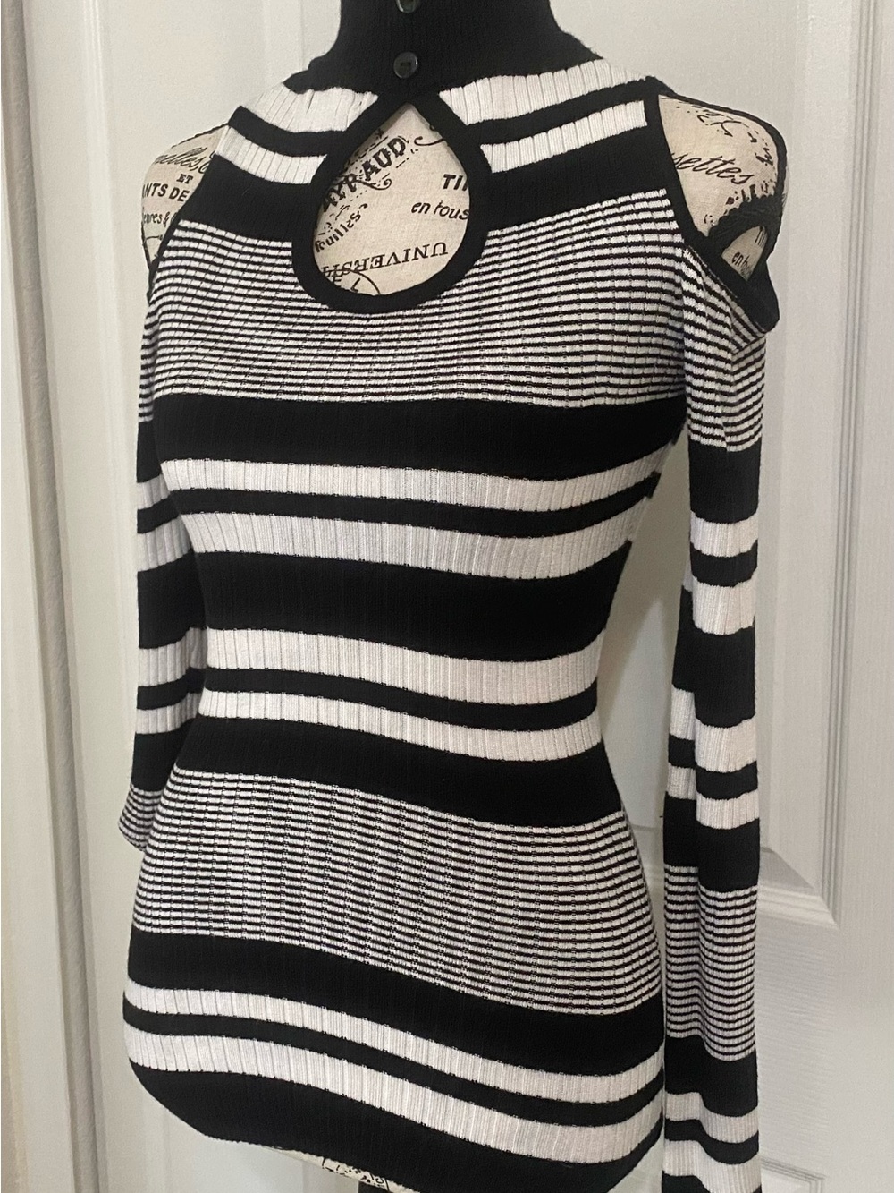 Black & White Striped Off-Shoulder Keyhole Sweater